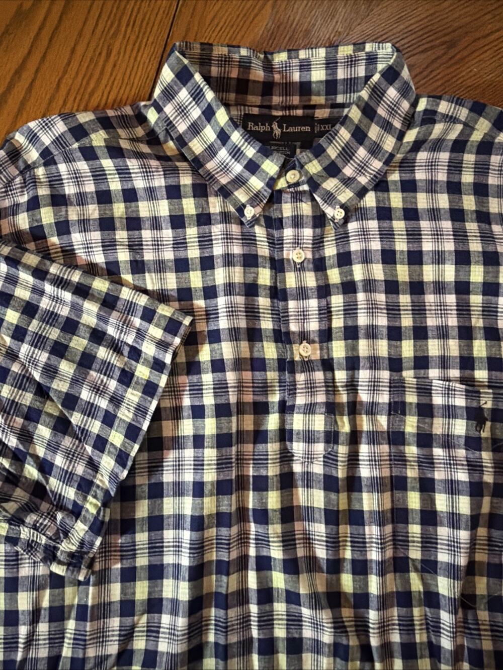 Ralph Lauren Purcell Henley Shirt Mens 2XL Blue Check Short Sleeve Button Cotton